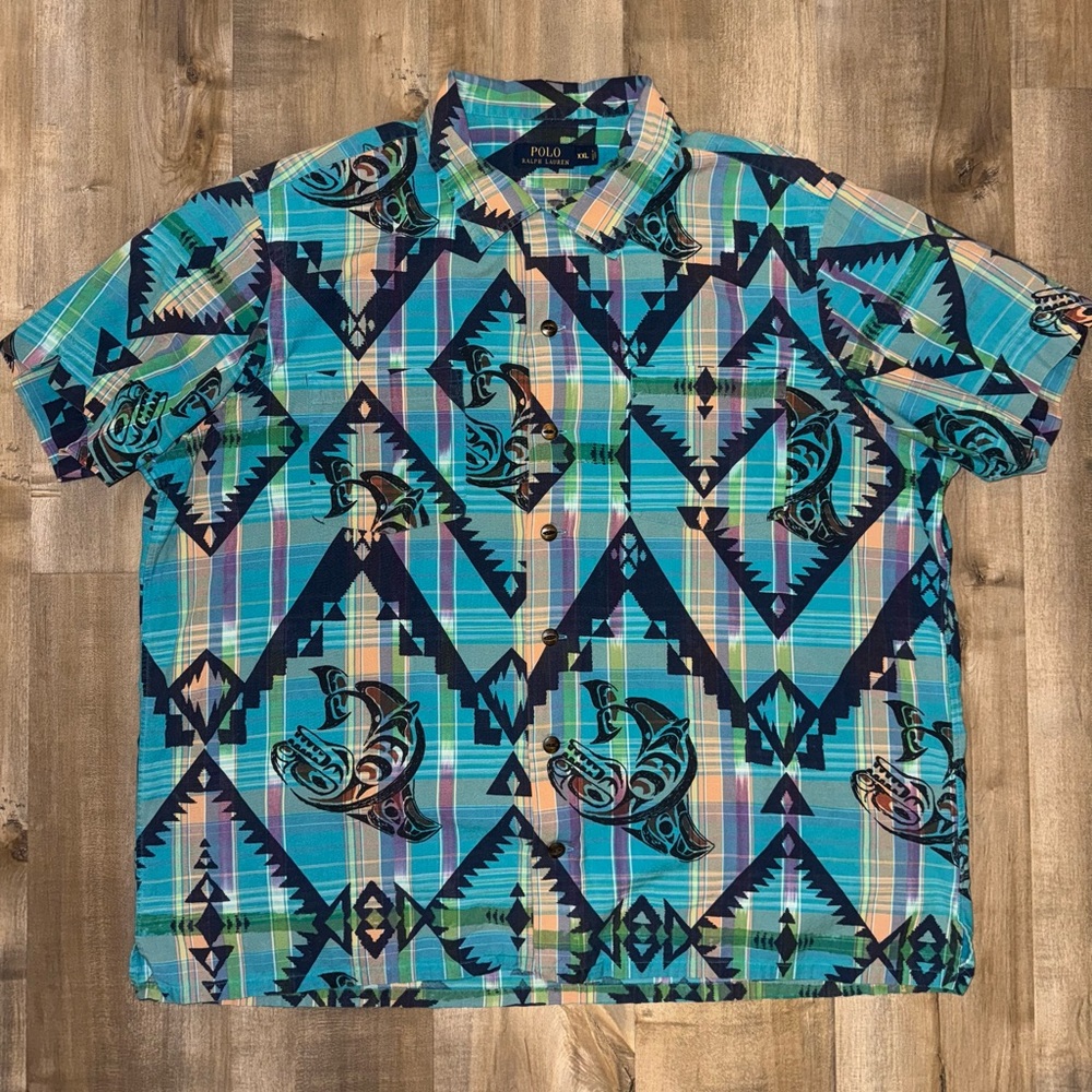 Polo by Ralph Lauren Teal Blue Plaid Geometric Short Sleeve Shirt